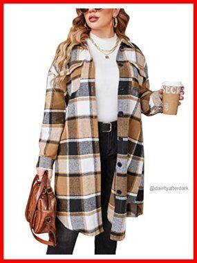 Plus Size Plaid Flannel Shacket Long Sleeve Button Down Midi Shirt Jacket